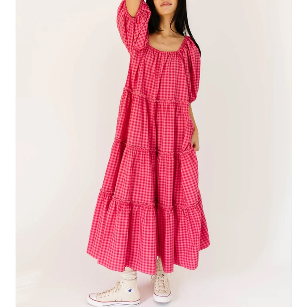 Pink Gingham Tiered Maxi Dress with Puff Sleeves